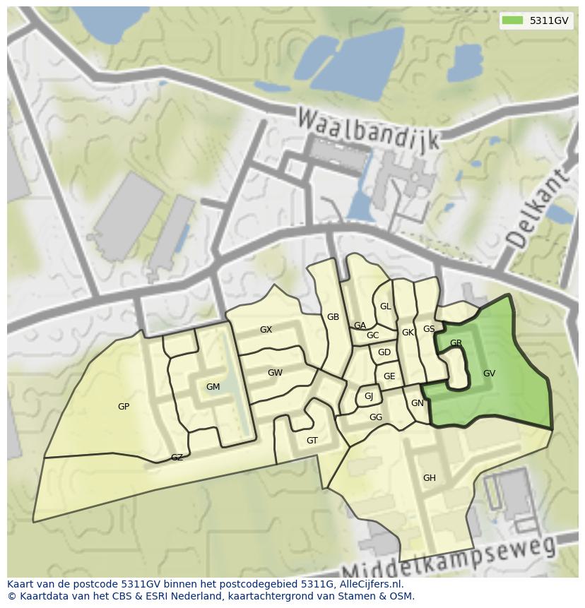Afbeelding van het postcodegebied 5311 GV op de kaart.