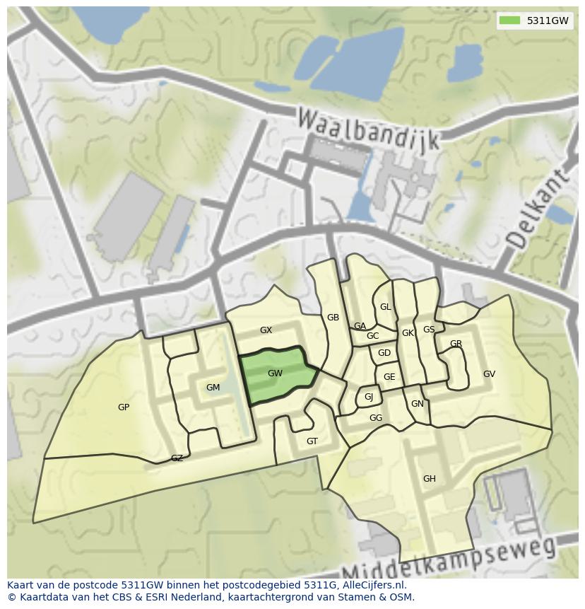 Afbeelding van het postcodegebied 5311 GW op de kaart.