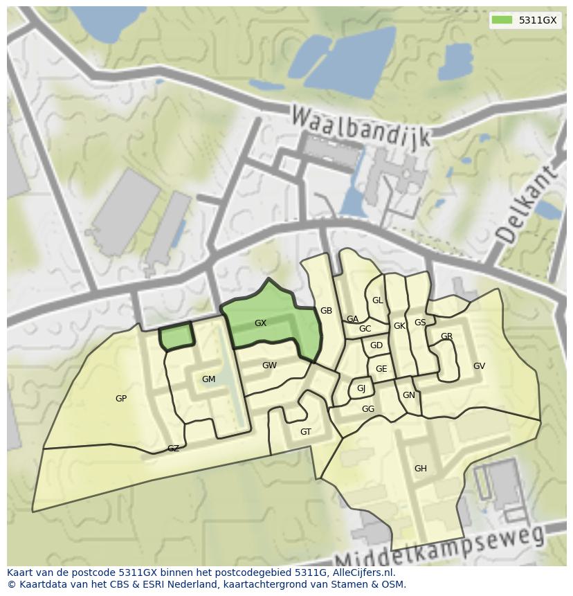 Afbeelding van het postcodegebied 5311 GX op de kaart.