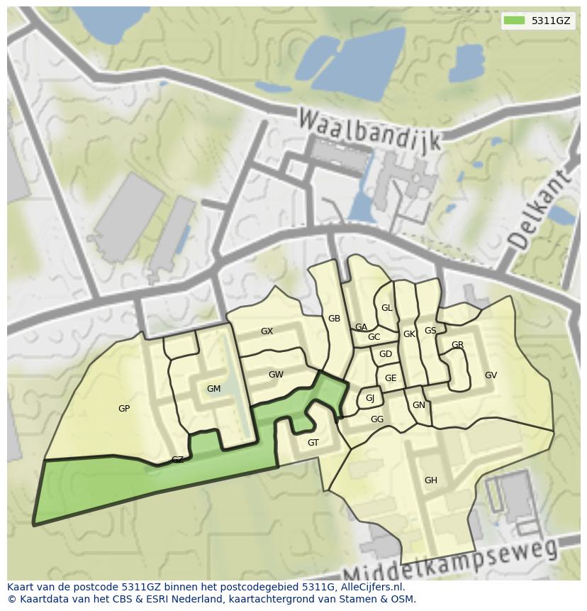 Afbeelding van het postcodegebied 5311 GZ op de kaart.