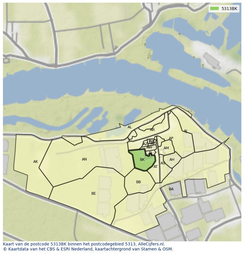 Afbeelding van het postcodegebied 5313 BK op de kaart.