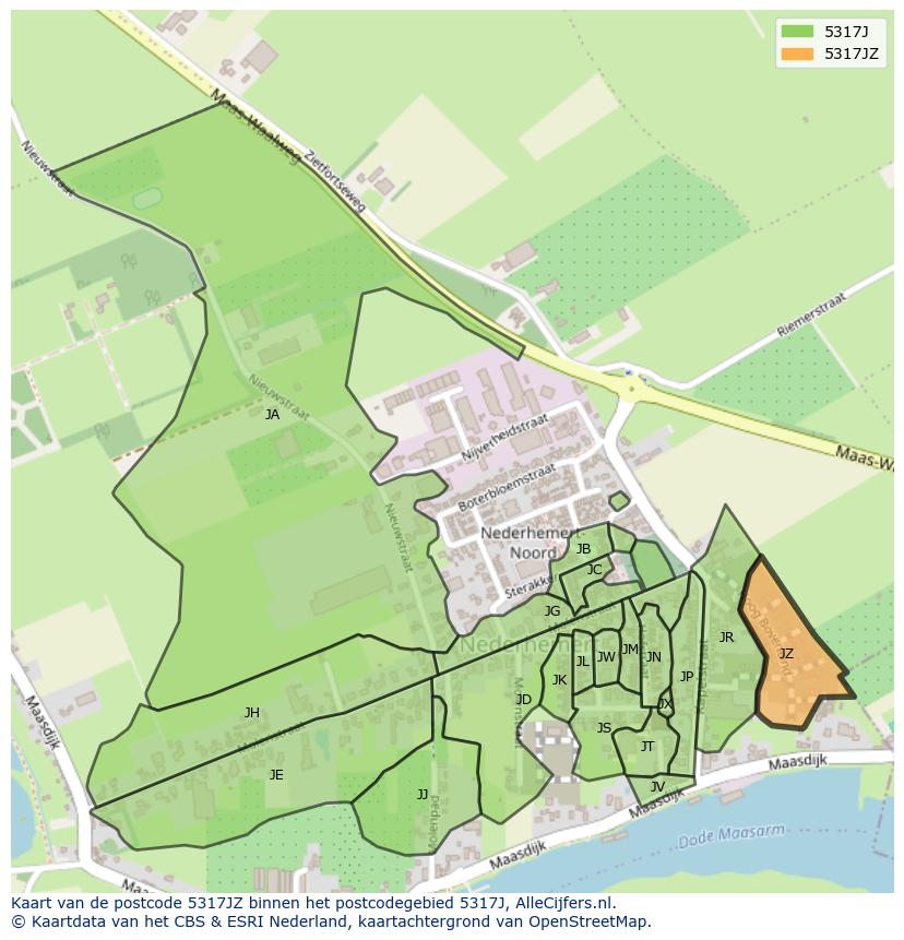 Afbeelding van het postcodegebied 5317 JZ op de kaart.