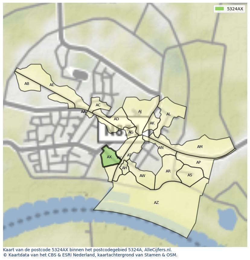 Afbeelding van het postcodegebied 5324 AX op de kaart.