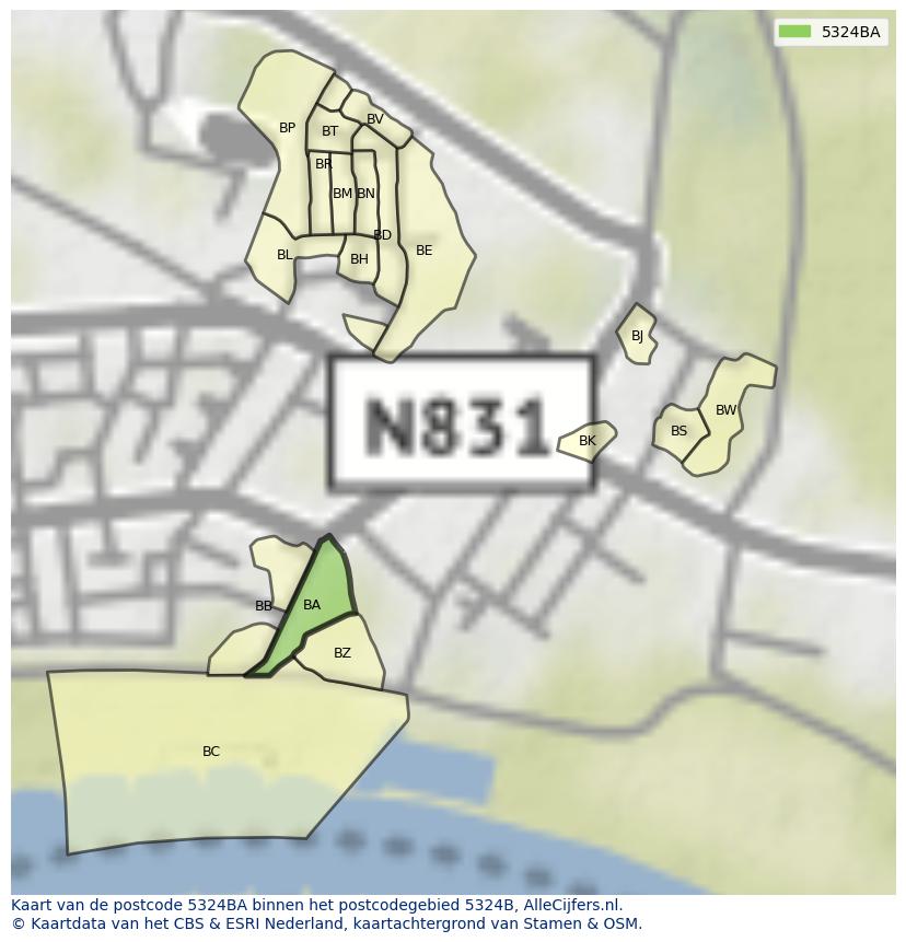 Afbeelding van het postcodegebied 5324 BA op de kaart.