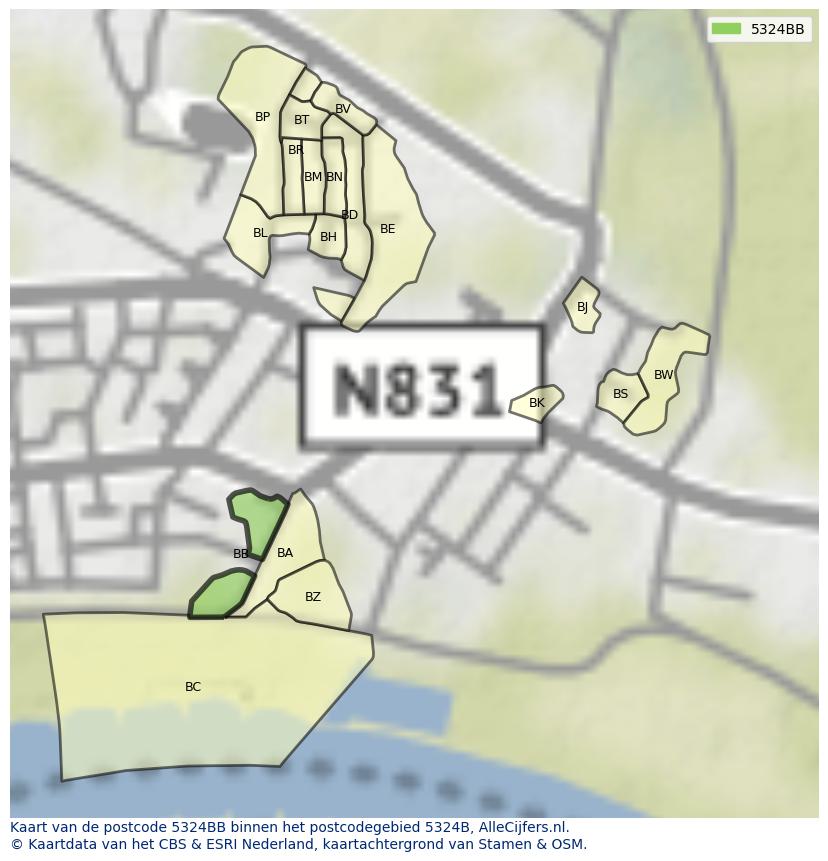 Afbeelding van het postcodegebied 5324 BB op de kaart.
