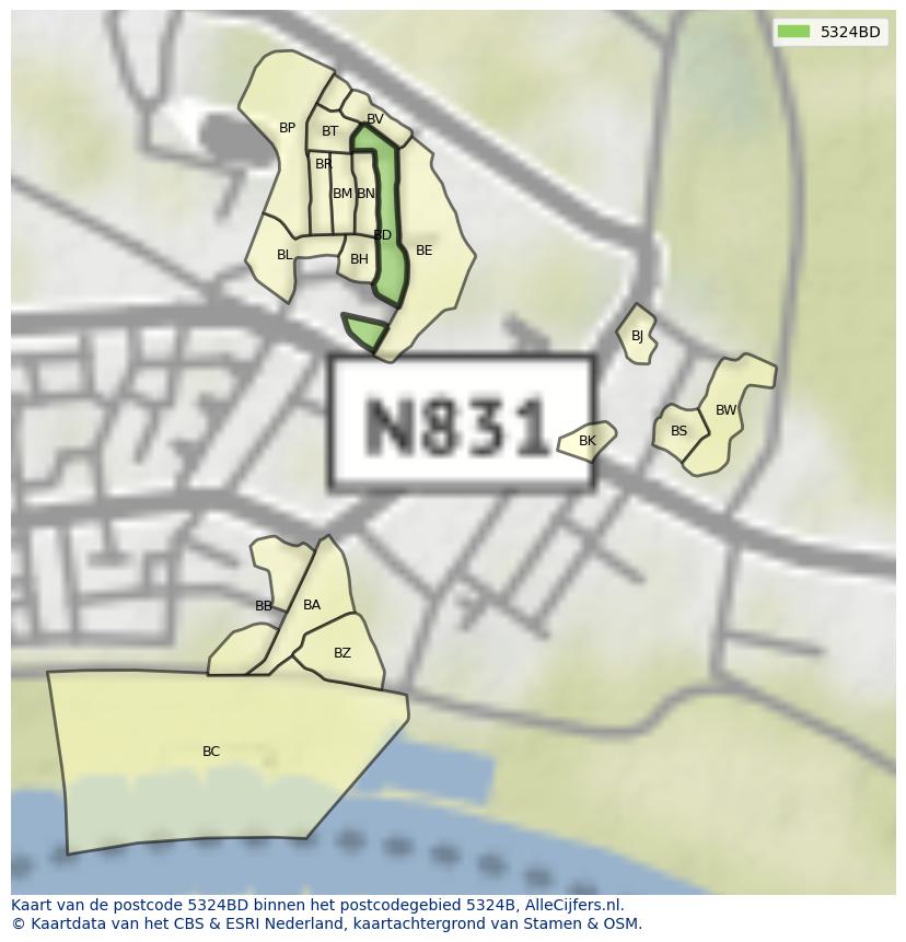 Afbeelding van het postcodegebied 5324 BD op de kaart.