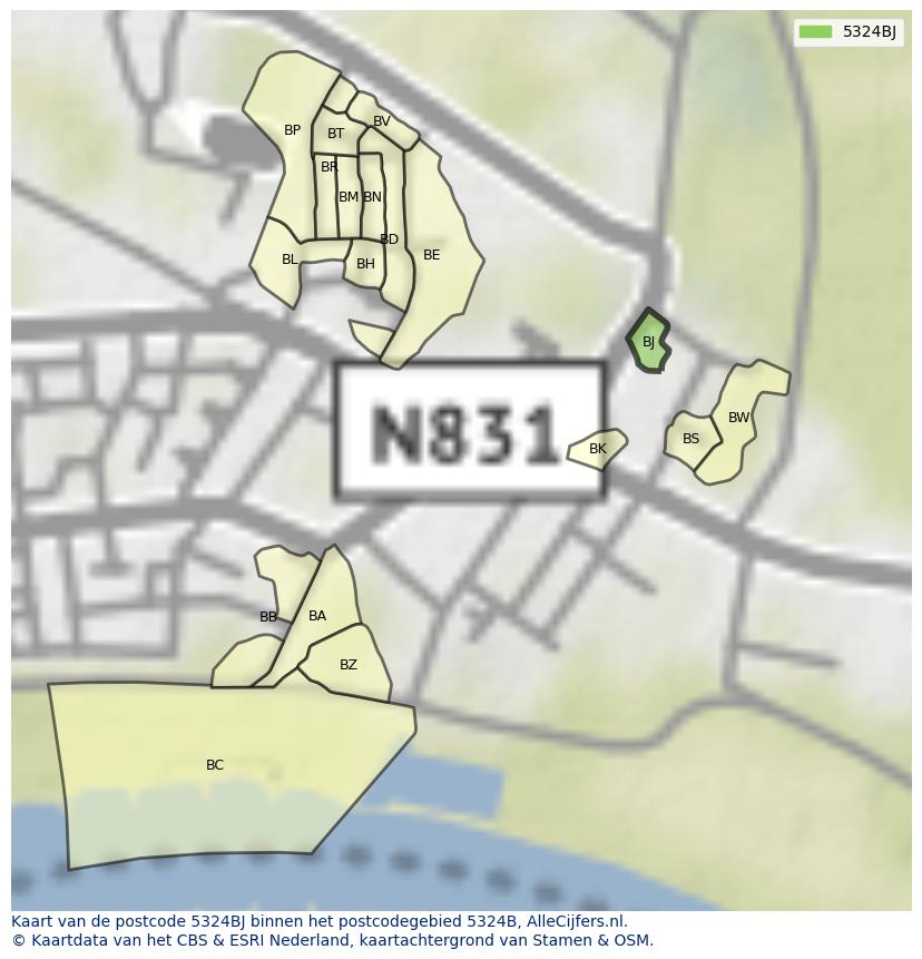 Afbeelding van het postcodegebied 5324 BJ op de kaart.