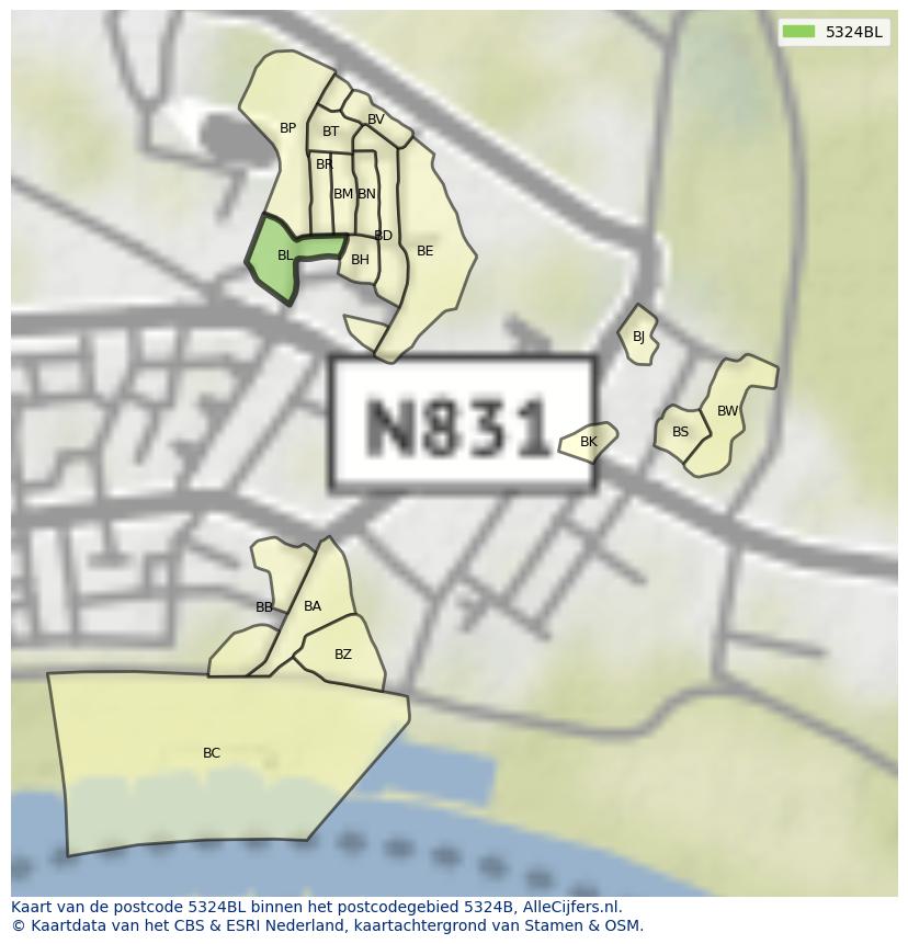 Afbeelding van het postcodegebied 5324 BL op de kaart.