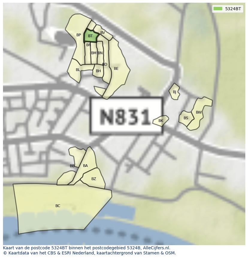 Afbeelding van het postcodegebied 5324 BT op de kaart.