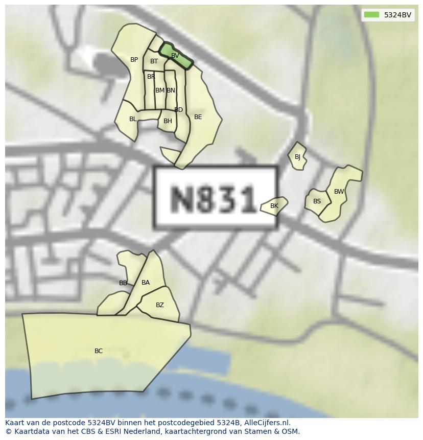 Afbeelding van het postcodegebied 5324 BV op de kaart.