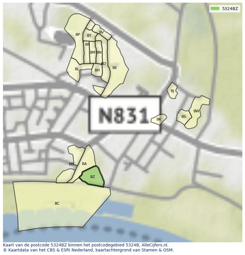 Afbeelding van het postcodegebied 5324 BZ op de kaart.