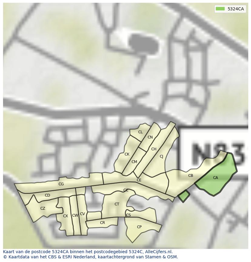 Afbeelding van het postcodegebied 5324 CA op de kaart.