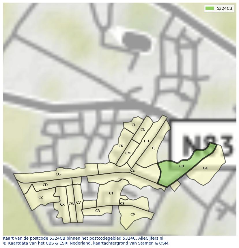 Afbeelding van het postcodegebied 5324 CB op de kaart.