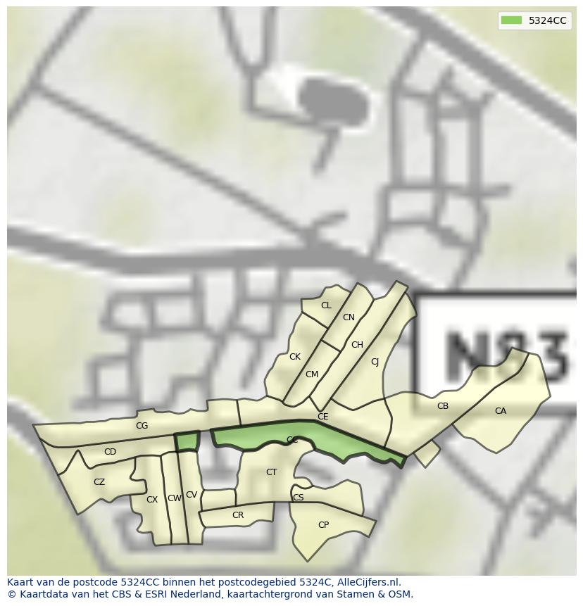 Afbeelding van het postcodegebied 5324 CC op de kaart.