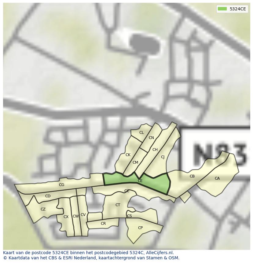 Afbeelding van het postcodegebied 5324 CE op de kaart.