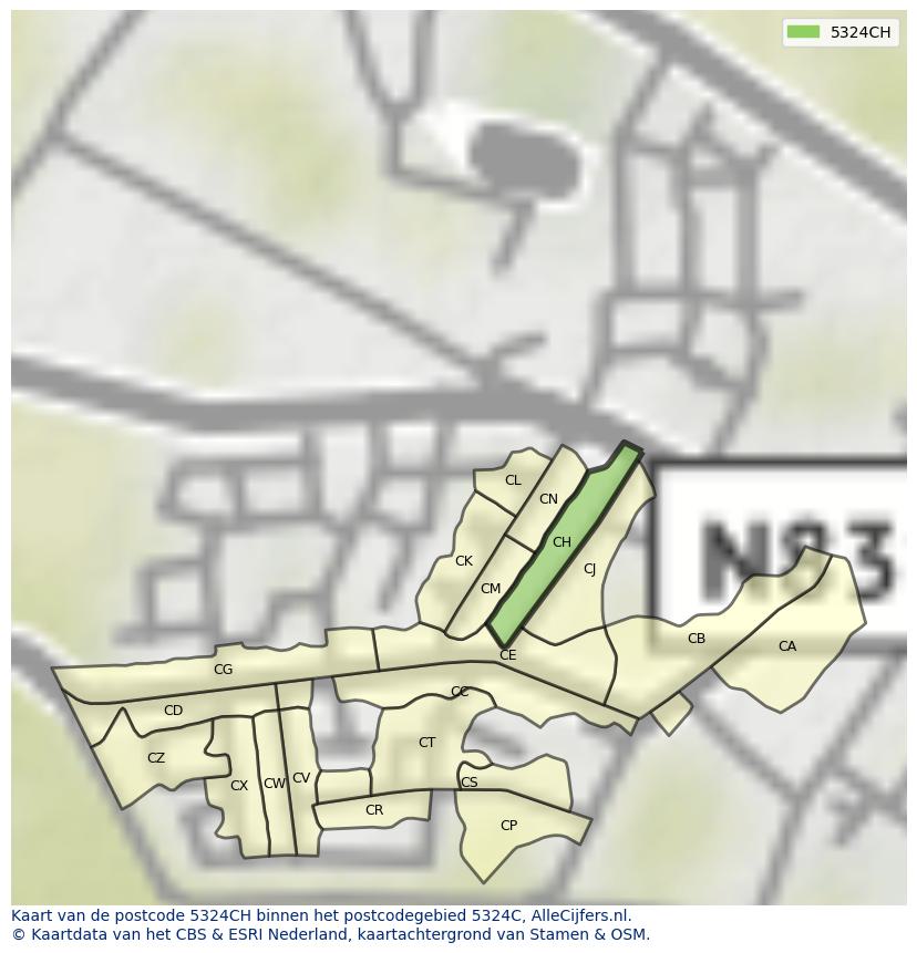 Afbeelding van het postcodegebied 5324 CH op de kaart.