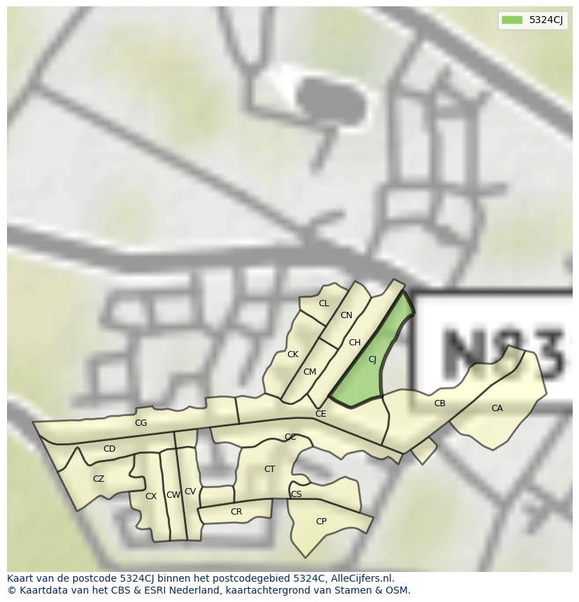 Afbeelding van het postcodegebied 5324 CJ op de kaart.