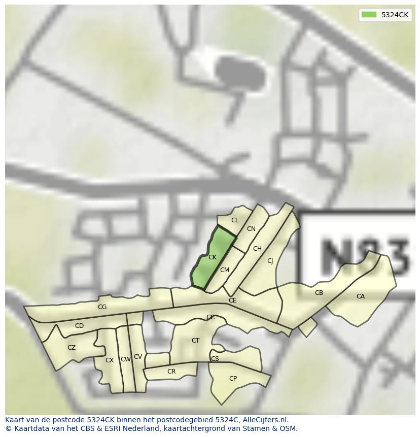 Afbeelding van het postcodegebied 5324 CK op de kaart.