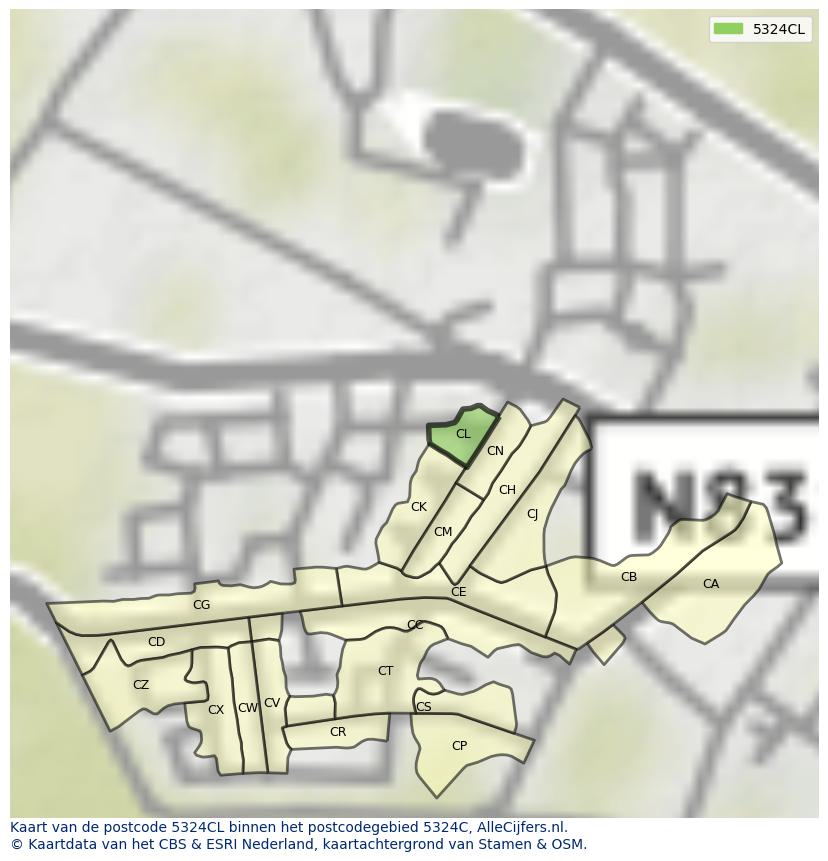 Afbeelding van het postcodegebied 5324 CL op de kaart.
