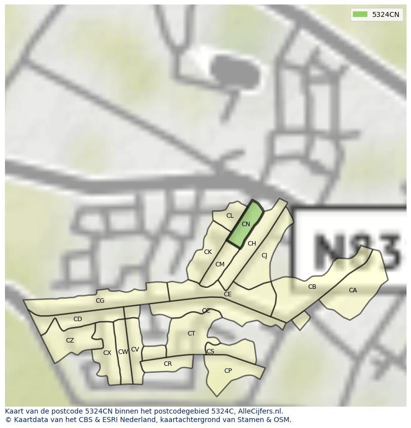 Afbeelding van het postcodegebied 5324 CN op de kaart.