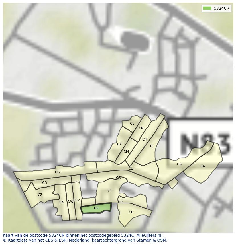 Afbeelding van het postcodegebied 5324 CR op de kaart.
