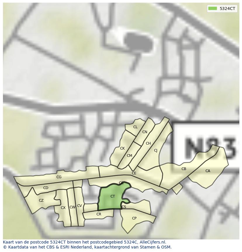 Afbeelding van het postcodegebied 5324 CT op de kaart.