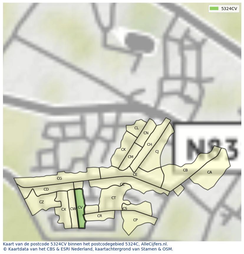 Afbeelding van het postcodegebied 5324 CV op de kaart.
