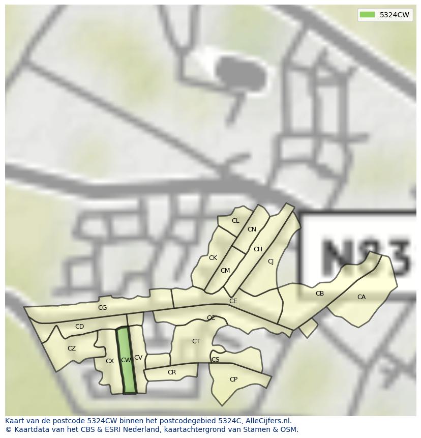 Afbeelding van het postcodegebied 5324 CW op de kaart.
