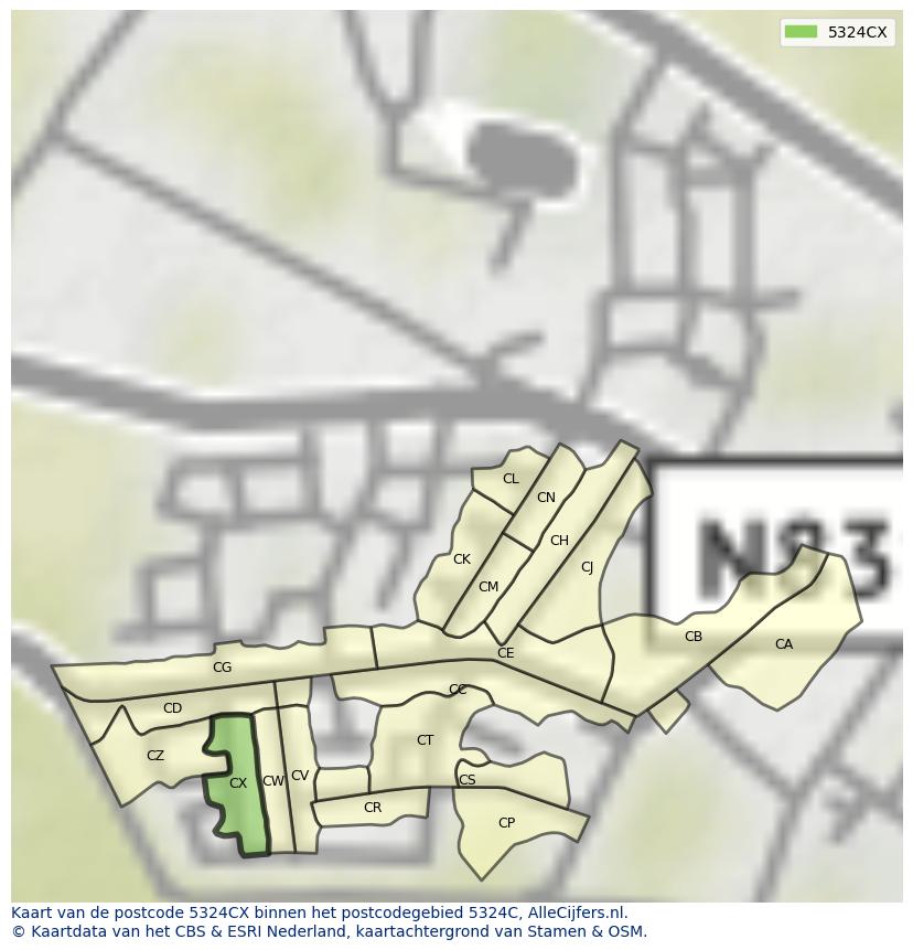 Afbeelding van het postcodegebied 5324 CX op de kaart.