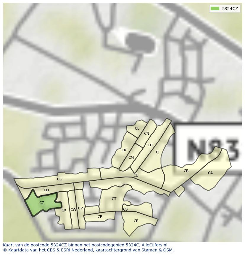 Afbeelding van het postcodegebied 5324 CZ op de kaart.