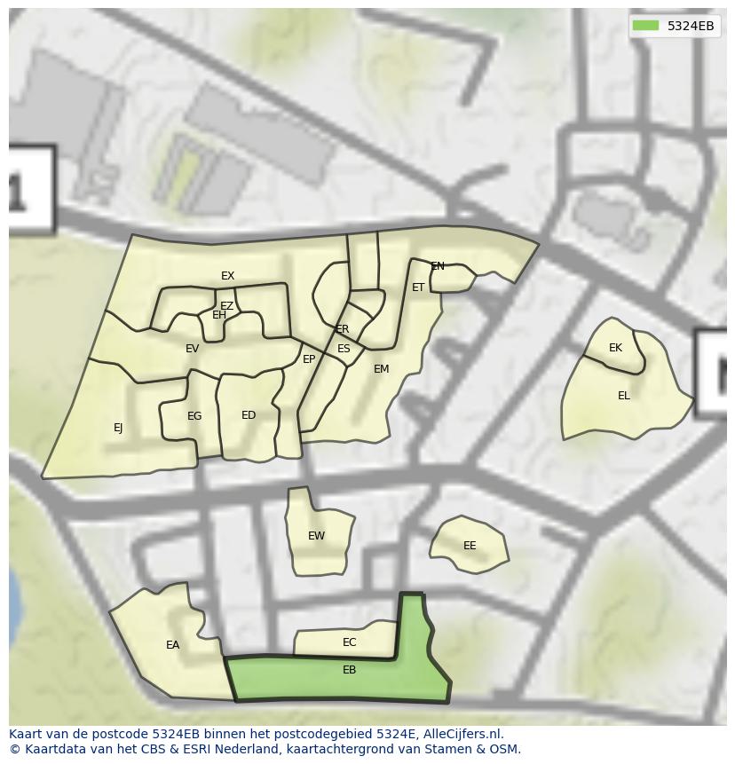 Afbeelding van het postcodegebied 5324 EB op de kaart.