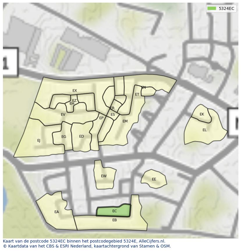 Afbeelding van het postcodegebied 5324 EC op de kaart.