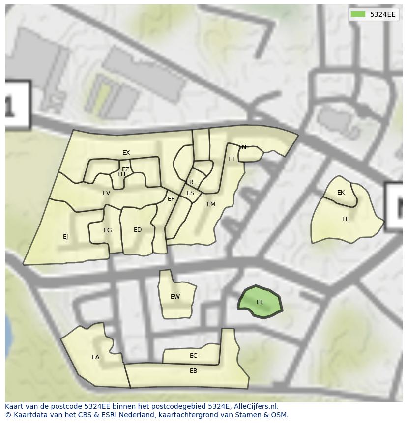 Afbeelding van het postcodegebied 5324 EE op de kaart.