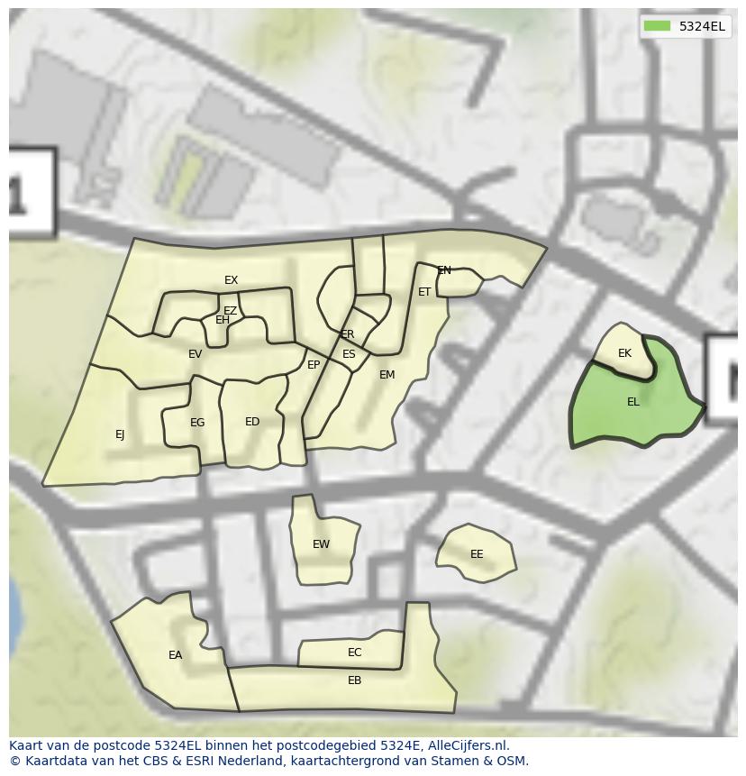 Afbeelding van het postcodegebied 5324 EL op de kaart.