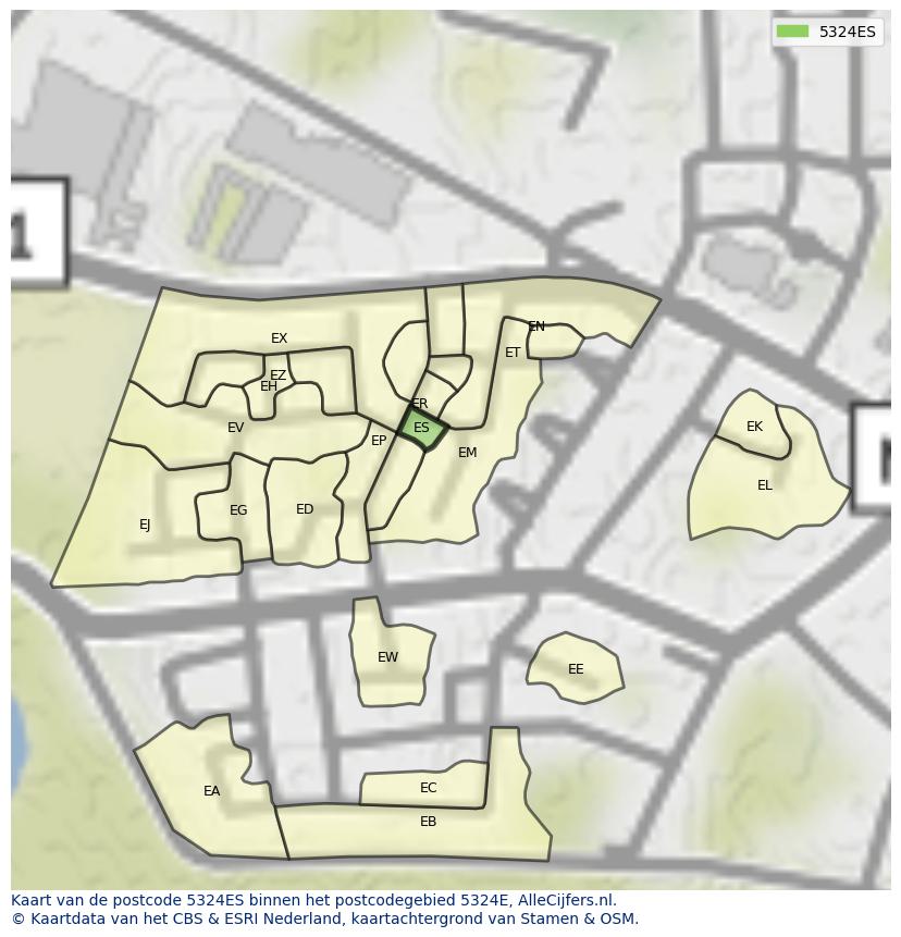 Afbeelding van het postcodegebied 5324 ES op de kaart.