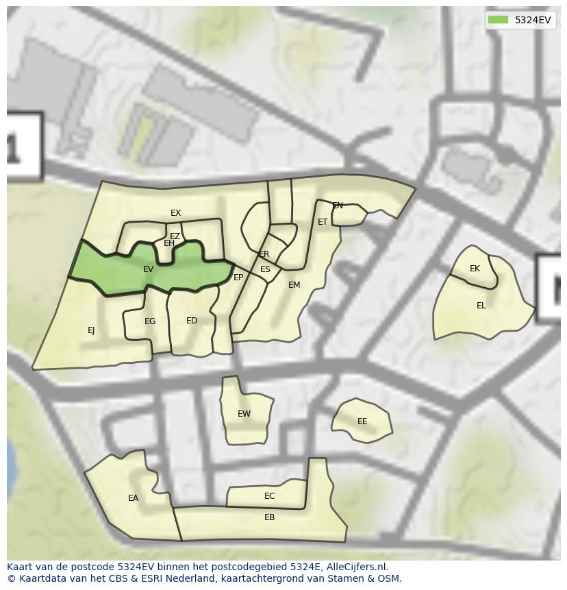Afbeelding van het postcodegebied 5324 EV op de kaart.