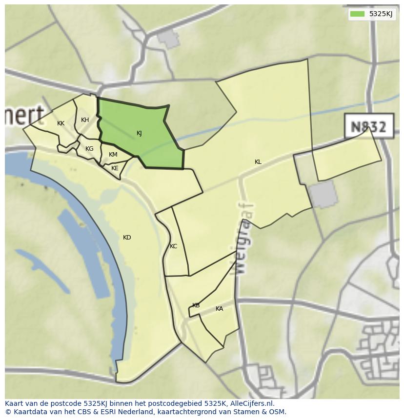 Afbeelding van het postcodegebied 5325 KJ op de kaart.