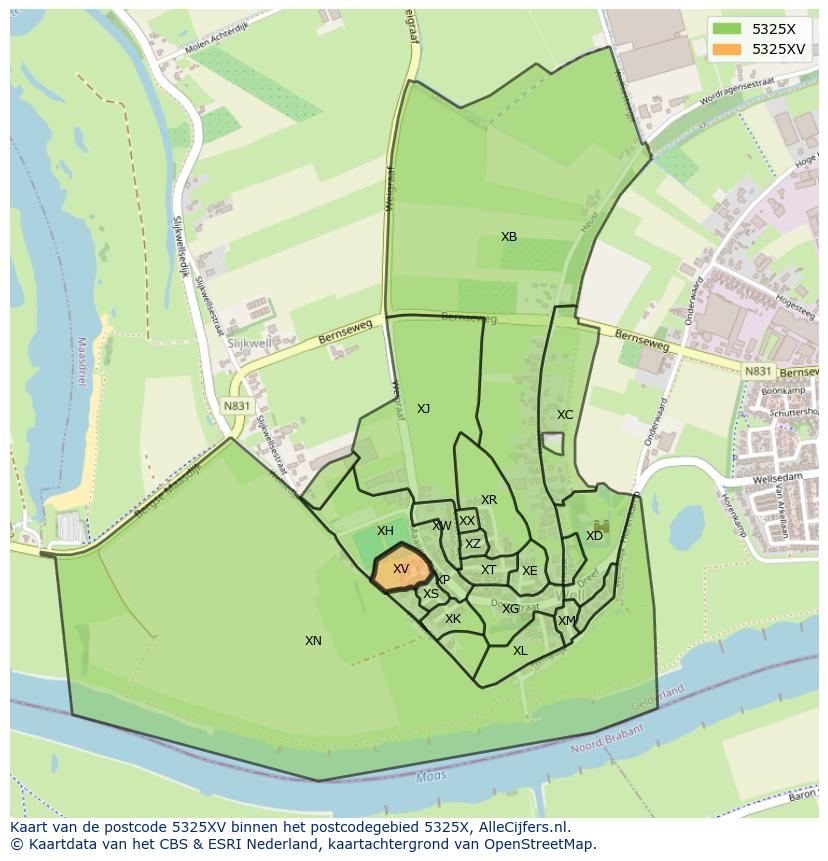 Afbeelding van het postcodegebied 5325 XV op de kaart.
