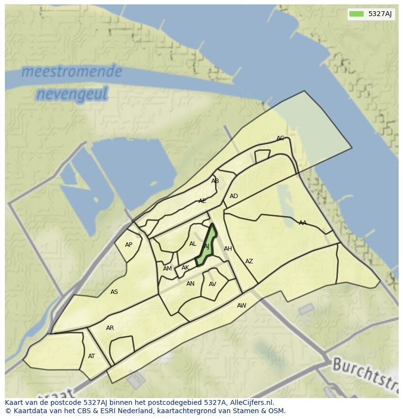 Afbeelding van het postcodegebied 5327 AJ op de kaart.