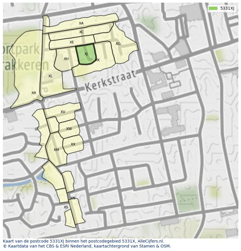 Afbeelding van het postcodegebied 5331 XJ op de kaart.