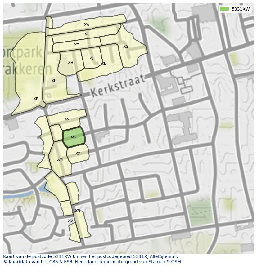 Afbeelding van het postcodegebied 5331 XW op de kaart.