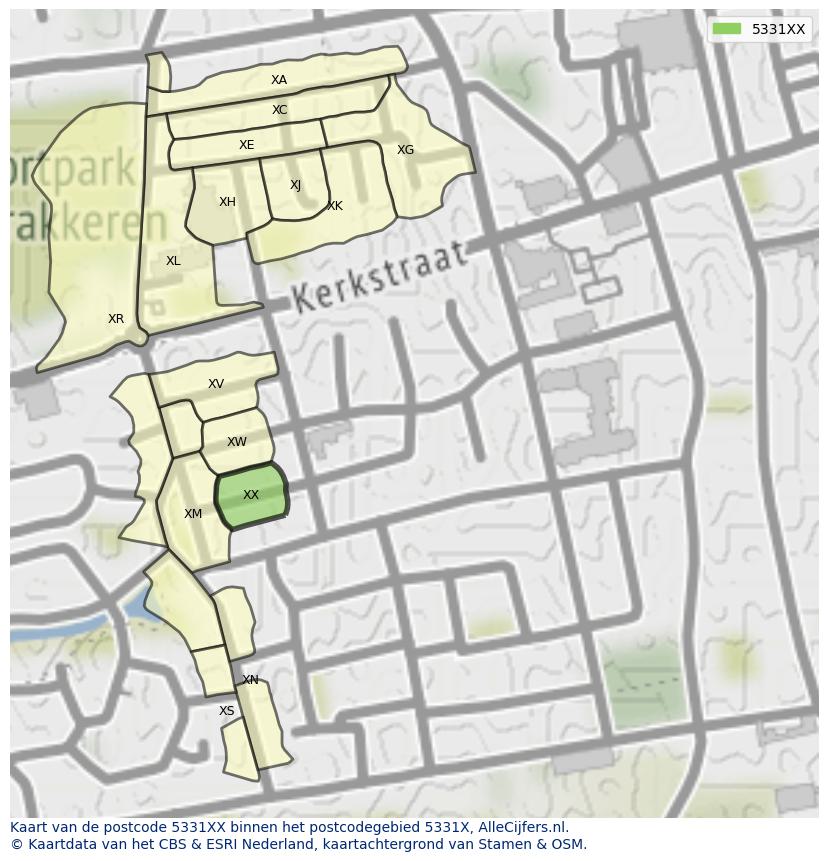 Afbeelding van het postcodegebied 5331 XX op de kaart.