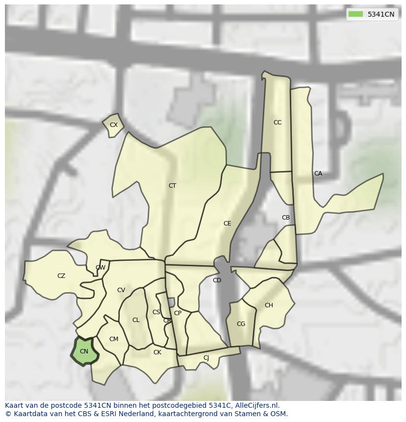 Afbeelding van het postcodegebied 5341 CN op de kaart.