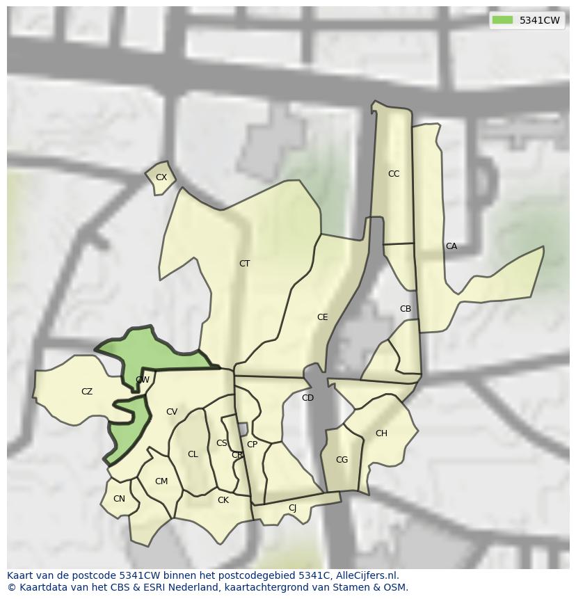 Afbeelding van het postcodegebied 5341 CW op de kaart.