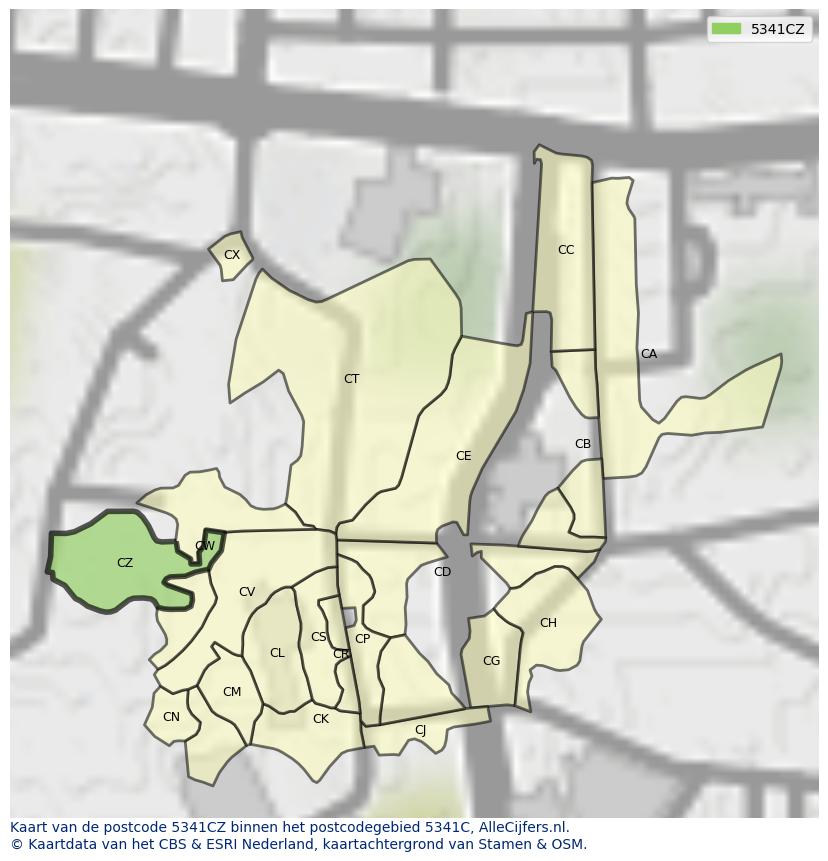 Afbeelding van het postcodegebied 5341 CZ op de kaart.