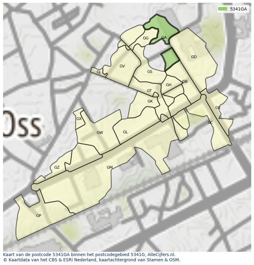 Afbeelding van het postcodegebied 5341 GA op de kaart.