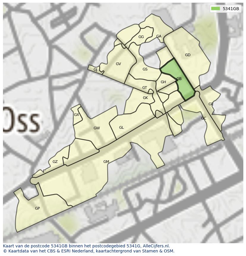 Afbeelding van het postcodegebied 5341 GB op de kaart.