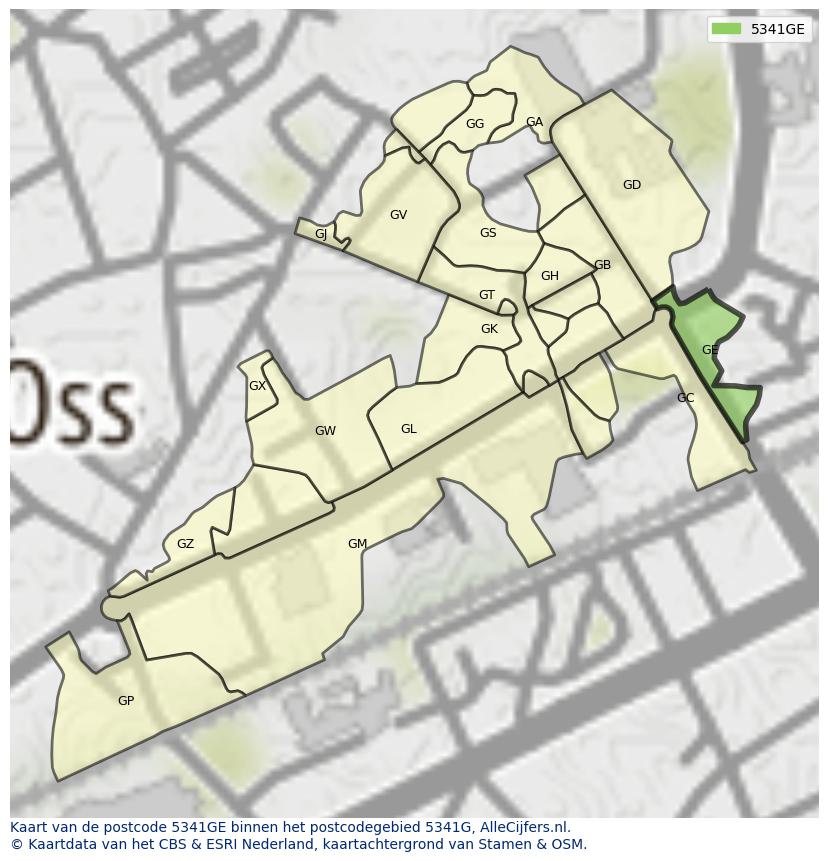 Afbeelding van het postcodegebied 5341 GE op de kaart.