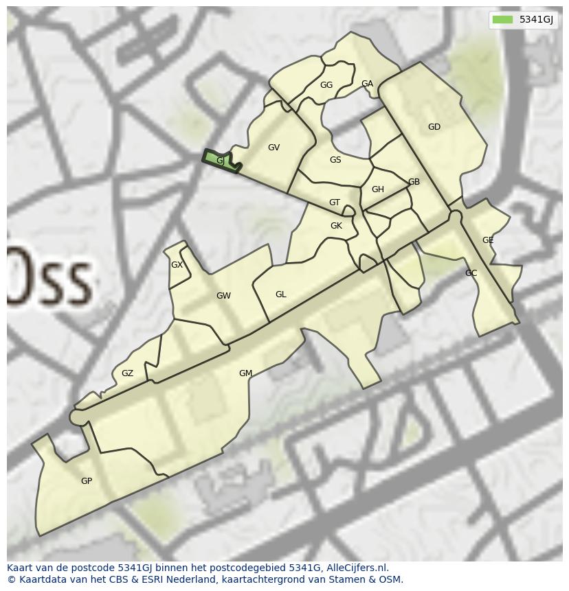 Afbeelding van het postcodegebied 5341 GJ op de kaart.