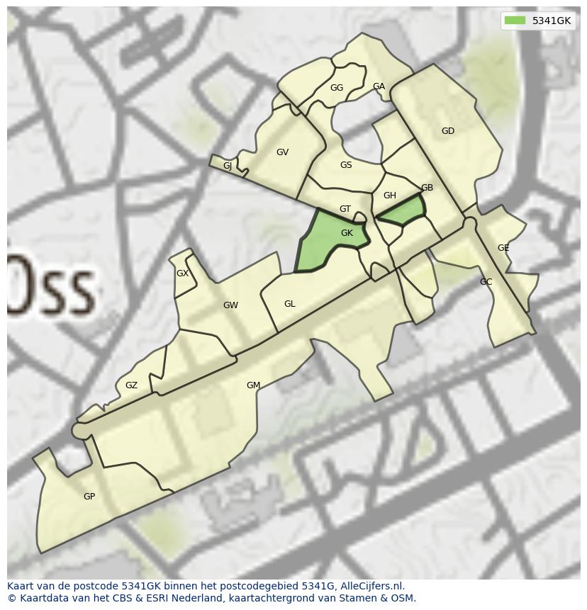 Afbeelding van het postcodegebied 5341 GK op de kaart.